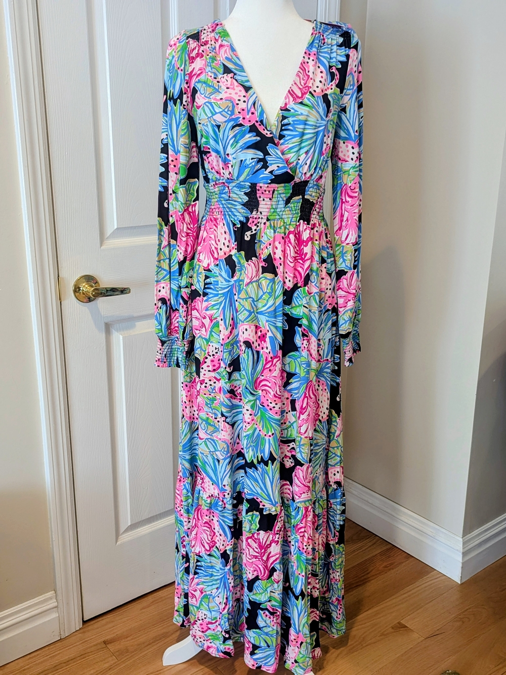 Lilly Pulitzer Maxi Dress with Black, Pink, Blue & Green Floral Print